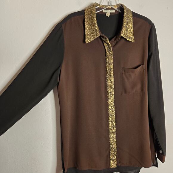 Alberto Makali  Black Brown Colorblock Blouse With Gold Sequin Trim Size L Chic - Picture 4 of 10